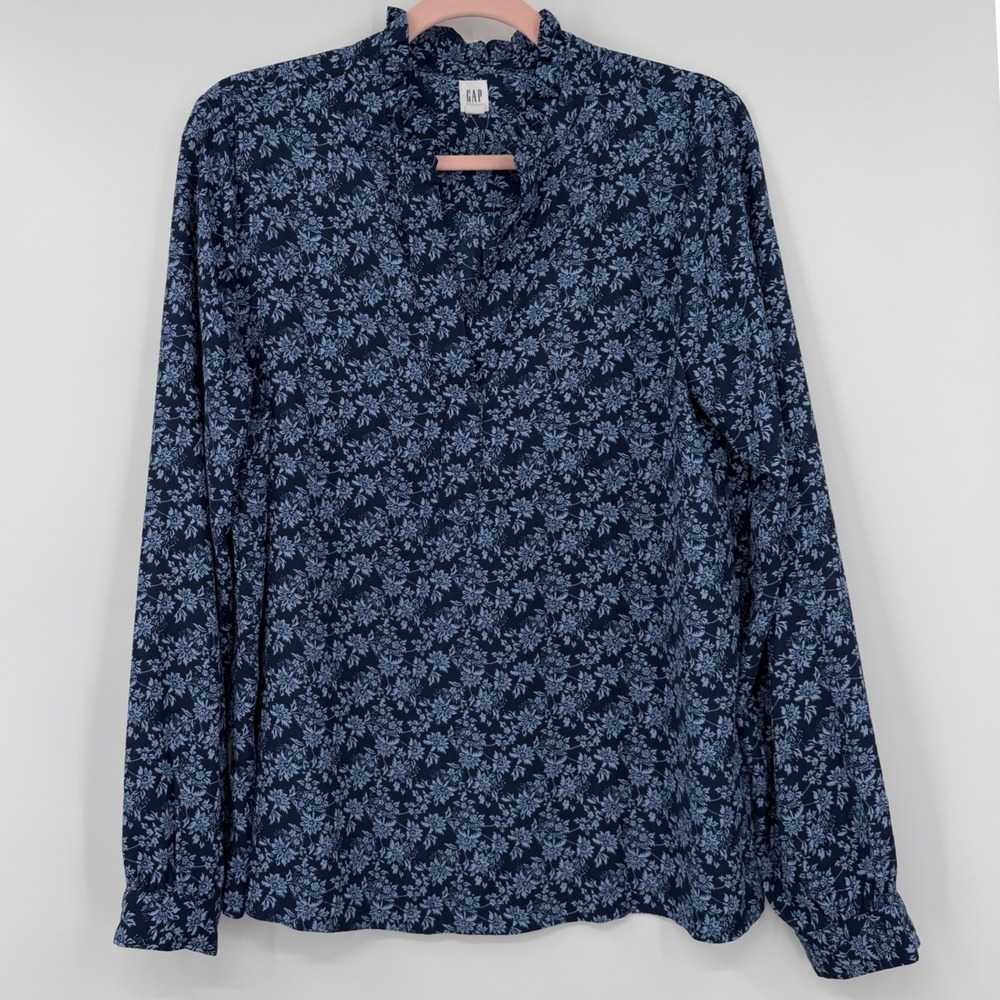 Gap Blouse Women Medium Blue Floral Ruffle Collar Long Sleeve V-Neck - Picture 2 of 9